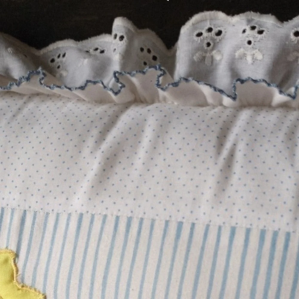 Nursery Pillow Cushion with Fluffy Sheep and Bright Sun appliques  Eyelet trim